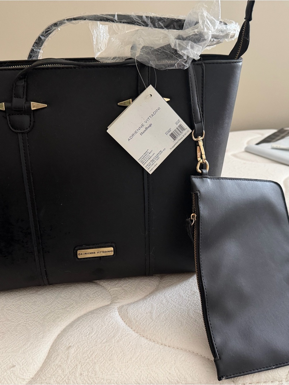 Adrienne Vittadini Black Tote with Removable Black Pouch and Gold Hardware